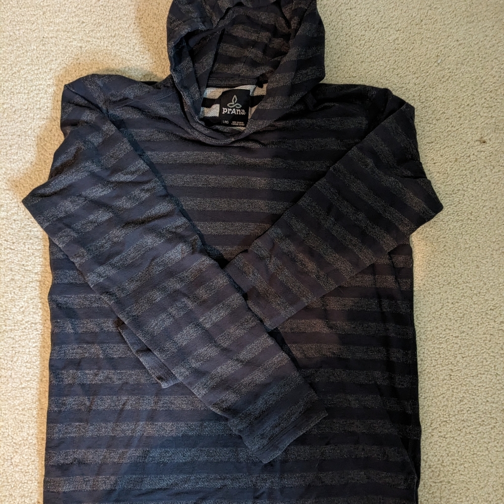 Prana, size large, long sleeve, blue stripped hoodie